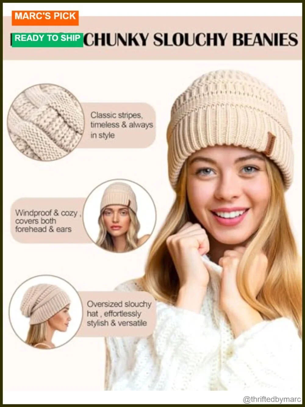 3 Pack Satin Lined Winter Beanie Hats Silk Lined Cable Knit Slouchy Beanie